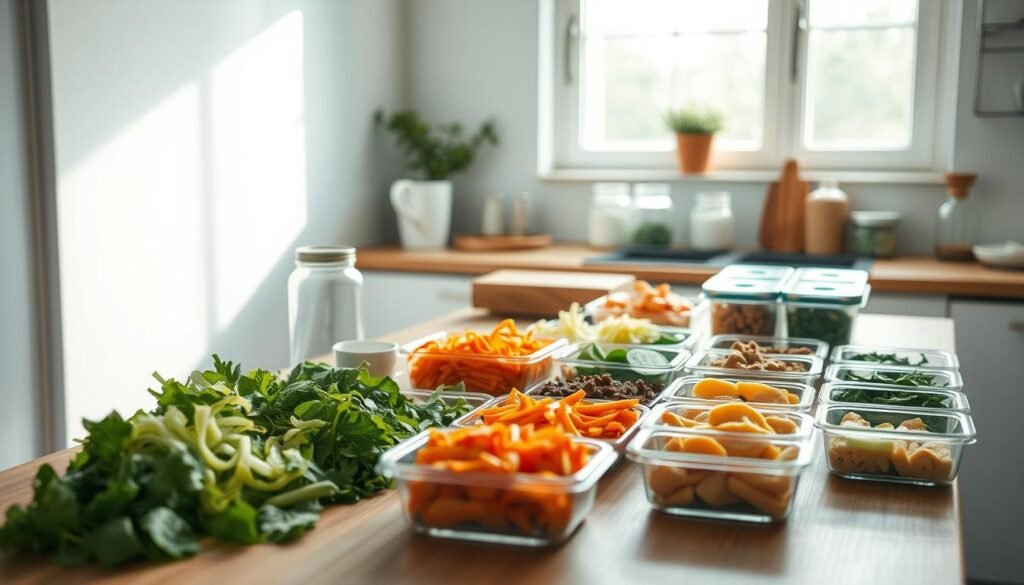 A bright, airy kitchen with clean lines and minimal decor. On the wooden countertop, an array of perfectly prepped ingredients - julienned vegetables, seasoned proteins, and portioned-out containers. Soft, diffused lighting from a large window casts a gentle glow, highlighting the efficient organization of the workspace. Glass jars and simple kitchen tools are neatly arranged, creating a sense of order and productivity. The scene conveys a feeling of calm focus, ready to transform these components into delicious, reheat-friendly meals.