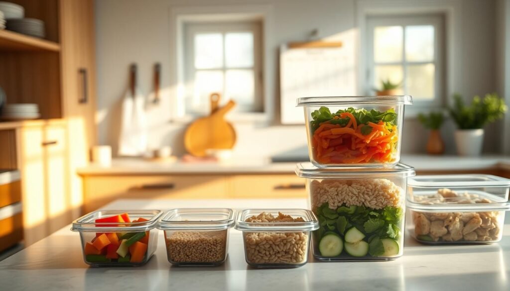 A bright, airy kitchen with clean lines and wooden accents. On the countertop, various time-saving meal prep strategies are displayed - reusable containers filled with chopped vegetables, pre-cooked grains, and portioned proteins. The lighting is warm and natural, casting a soft glow on the scene. In the background, a simple calendar serves as a reminder of the time-saving benefits of batch cooking and thawing. The overall atmosphere is one of efficiency and organization, reflecting the practical solutions for busy home cooks.