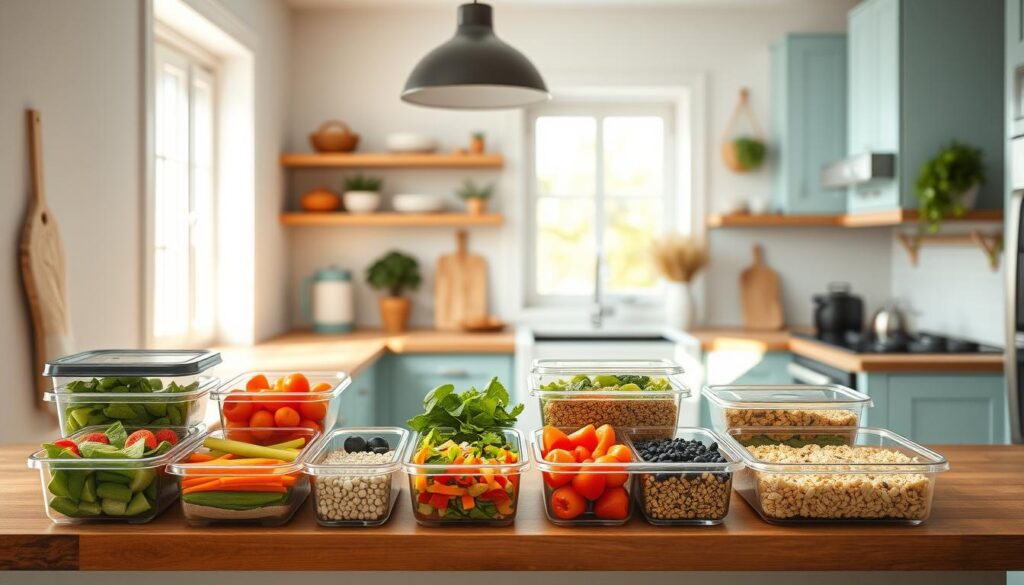 A bright, airy kitchen with clean, minimalist design. Wooden countertops, light blue cabinetry, and an abundance of natural light creating a calming, inviting atmosphere. On the counter, a variety of meal prep containers are neatly arranged, filled with colorful, wholesome ingredients - vibrant vegetables, hearty grains, and lean protein. The focus is on efficiency and organization, showcasing techniques like batch cooking, portioning, and storage solutions tailored for busy professionals. The overall mood is one of simplicity, productivity, and a healthy, balanced lifestyle.