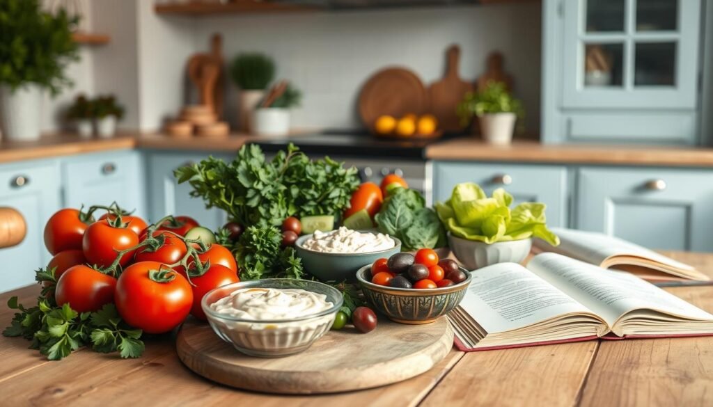 A bright, airy kitchen with light blue accents and natural wood tones. On a wooden table, an assortment of fresh Mediterranean ingredients - ripe tomatoes, crisp cucumbers, tangy olives, fragrant herbs, and creamy hummus - arranged in an inviting "mezze" style display. The scene is illuminated by soft, diffused lighting, capturing the textures and colors of the fresh produce. An open cookbook and a few kitchen tools suggest a mindful, time-saving approach to meal prep. The overall atmosphere conveys a sense of calm efficiency, perfect for illustrating strategies to streamline Mediterranean-style lunch preparation.