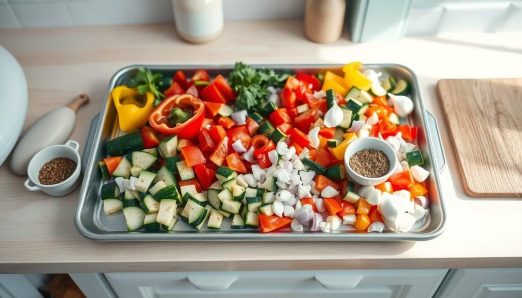 A bright, airy kitchen with light blue accents and natural wooden textures. On a large sheet pan, freshly chopped vegetables - vibrant bell peppers, zucchini, onions, and garlic - arranged in an inviting composition. Herbs and spices stand ready in small bowls, waiting to be sprinkled over the pan. The scene exudes a sense of calm preparation, capturing the step-by-step process of assembling a wholesome sheet pan dinner, ready to be roasted to perfection. Soft, diffused lighting casts a warm, homely glow, emphasizing the simplicity and convenience of this meal-prepping method.
