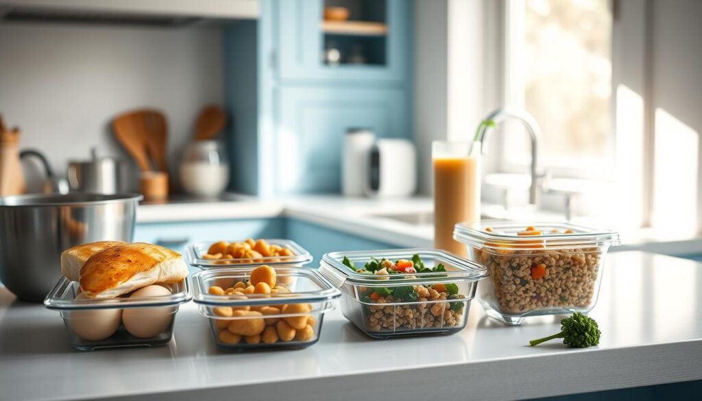 A bright, airy kitchen with light blue accents and wooden textures. On the counter, an array of protein-rich meal prep containers: grilled chicken breasts, hard-boiled eggs, roasted chickpeas, and quinoa salad with diced vegetables. A stainless steel mixing bowl, a glass of fresh smoothie, and a single stalk of broccoli add pops of color. Soft, diffused natural light streams in from a nearby window, casting a warm glow across the scene. The overall atmosphere is focused, organized, and conducive to healthy eating.