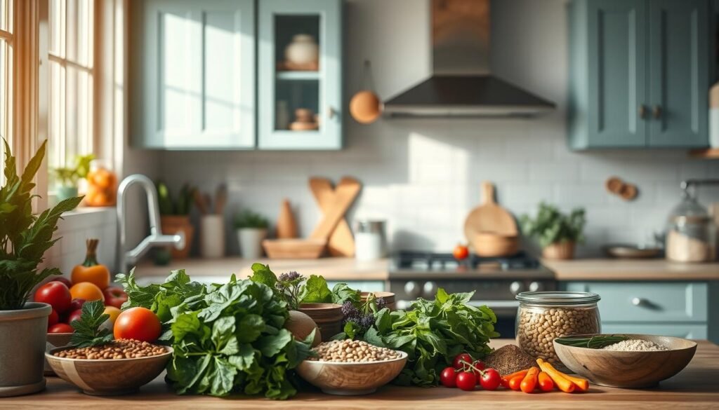 A bright, airy kitchen with light blue cabinets and wooden accents. On the counter, a collection of fresh, colorful plant-based ingredients - leafy greens, vibrant vegetables, and assorted grains. Jars of seeds, nuts, and spices line the shelves, suggesting a range of flavorful options. The scene conveys a sense of simplicity and mindfulness, hinting at the nourishing, plant-based meal prep ideas to come. Soft, natural lighting filters in, casting a warm glow over the scene and creating a calming, inviting atmosphere.