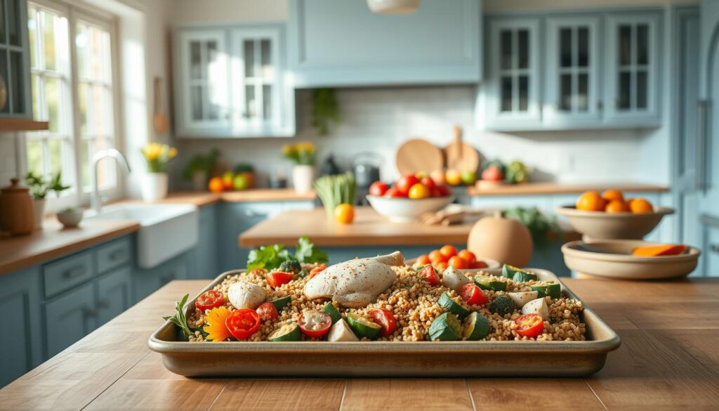 A bright, airy kitchen with light blue cabinets and wooden countertops. On the center island, an array of nutrient-dense ingredients - crisp vegetables, lean proteins, and whole grains - arranged in a visually appealing composition. The scene is bathed in soft, diffused lighting, creating a calming, inviting atmosphere. A single sheet pan sits in the foreground, filled with a vibrant medley of roasted vegetables, lean chicken, and wholesome grains, ready to be transformed into a delicious, dietary-friendly one-pan meal. The image conveys a sense of ease, wellness, and mindful nourishment.