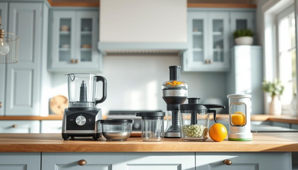 A bright, airy kitchen with light blue cabinets and wooden countertops. On the countertop, a collection of time-saving kitchen tools arranged in an orderly yet artful display: a sleek food processor, a high-powered blender, a set of nested measuring cups, a multi-function vegetable chopper, and a compact citrus juicer. Soft, natural lighting illuminates the scene, casting gentle shadows and highlighting the textures of the tools. The overall atmosphere is one of efficiency, practicality, and a hint of minimalist elegance.
