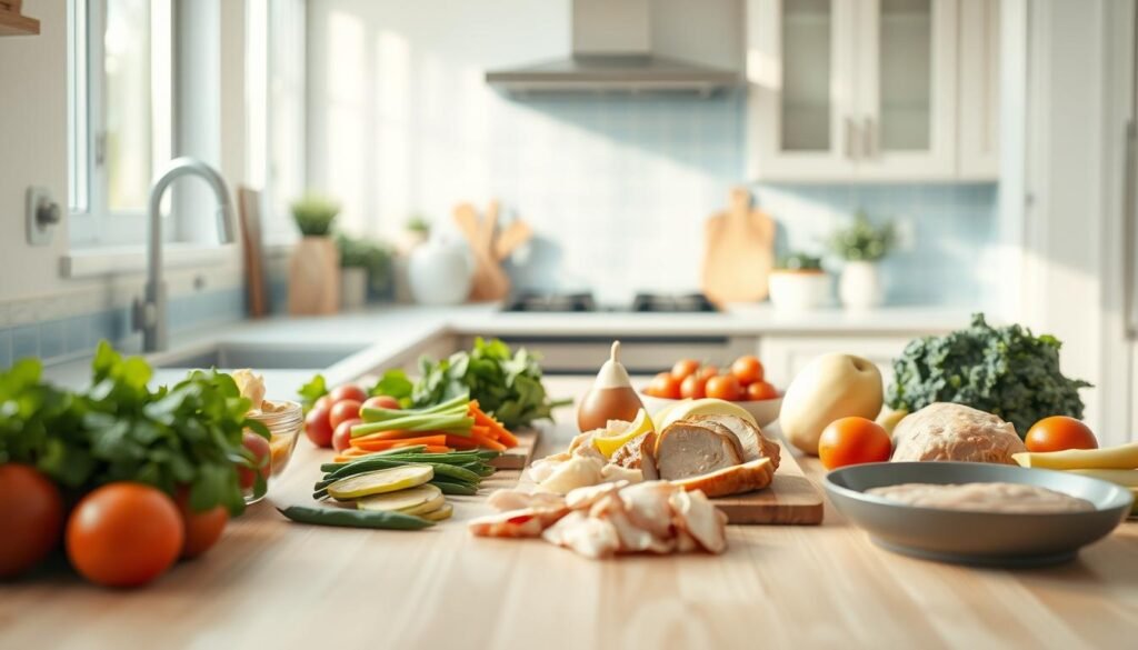 A bright, airy kitchen with light wood surfaces and soft blue accents. On the clean countertop, an assortment of freshly prepped meal components - crisp vegetables, juicy fruits, and flavorful proteins. The scene is bathed in warm, natural lighting, creating an inviting and calming atmosphere. The camera captures the preparation process from an eye-level perspective, highlighting the care and attention taken to maintain the freshness and vibrant colors of the ingredients. The overall mood is one of intentionality, simplicity, and the joy of mindful meal prep.