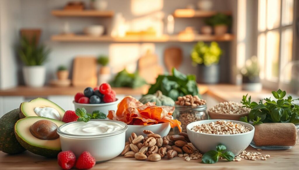A bright, airy kitchen with light wooden countertops and shelves. In the foreground, an assortment of nutrient-rich breakfast ingredients - freshly sliced avocado, creamy yogurt, juicy berries, crisp bacon, crunchy nuts, and hearty oats. The midground features a variety of whole grains, leafy greens, and fresh herbs, hinting at the potential for a nourishing meal. Warm, soft lighting casts a cozy, inviting glow, while a subtle blue accent in the background adds a calming touch. The scene exudes a sense of simplicity, health, and culinary inspiration.