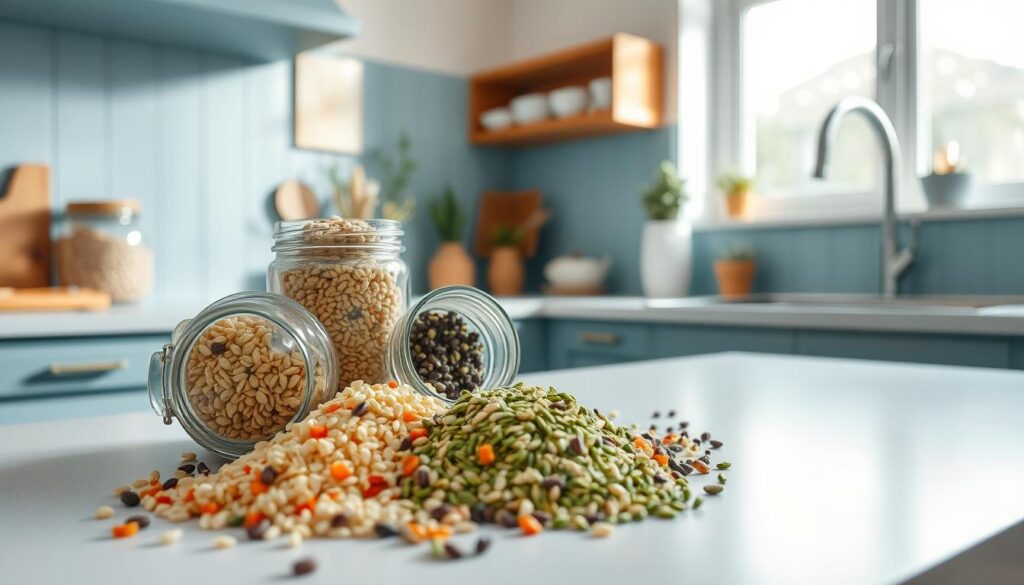 A bright, airy kitchen with muted blue accents and warm wooden tones. On the countertop, an assortment of grains and quinoa spill out from glass jars, their varying hues and textures complementing each other. The morning light filters in, casting a soft glow over the scene. A neutral backdrop allows the vibrant colors of the ingredients to take center stage, inviting the viewer to imagine the possibilities of incorporating these wholesome elements into a delicious cold meal.