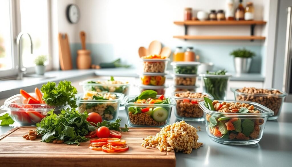 A bright, airy kitchen with natural light filtering in through large windows, revealing an assortment of delicious, colorful meal prep dishes. In the foreground, a wooden cutting board showcases freshly chopped vegetables, herbs, and grains. Midground, glass containers filled with salads, grain bowls, and protein-packed snacks are neatly arranged on a sleek, light blue countertop. In the background, shelves hold jars of spices, oils, and other pantry staples. The scene radiates a sense of organization, culinary inspiration, and a commitment to healthy, homemade family meals.