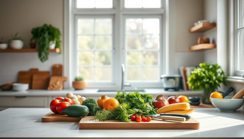 A bright, airy kitchen with natural light streaming in through large windows. On the countertop, a clean, organized workspace with dedicated gluten-free tools and utensils - cutting boards, knives, and mixing bowls. A variety of fresh, colorful ingredients are neatly arranged, ready for prepping a wholesome, gluten-free meal. The scene exudes a sense of care and attention to detail, conveying the importance of avoiding cross-contamination during gluten-free meal preparation. The overall mood is one of calm, mindfulness, and a commitment to safe, healthy cooking.