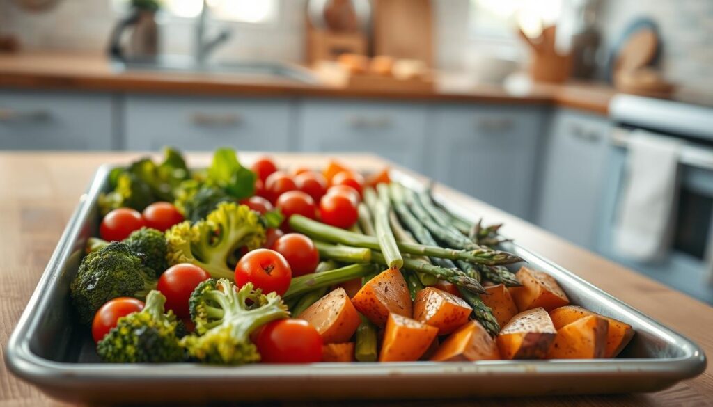 A bright, airy kitchen with natural wood tones and light blue accents. On a clean, metal sheet pan, an assortment of fresh vegetables - crisp broccoli florets, vibrant cherry tomatoes, tender asparagus spears, and wedges of sweet potatoes. Seasoned with a blend of herbs and spices, the ingredients await roasting, their aromas mingling in the warm, even light. The scene conveys the simplicity and versatility of sheet pan cooking, a foundation for countless delicious, fuss-free meals.
