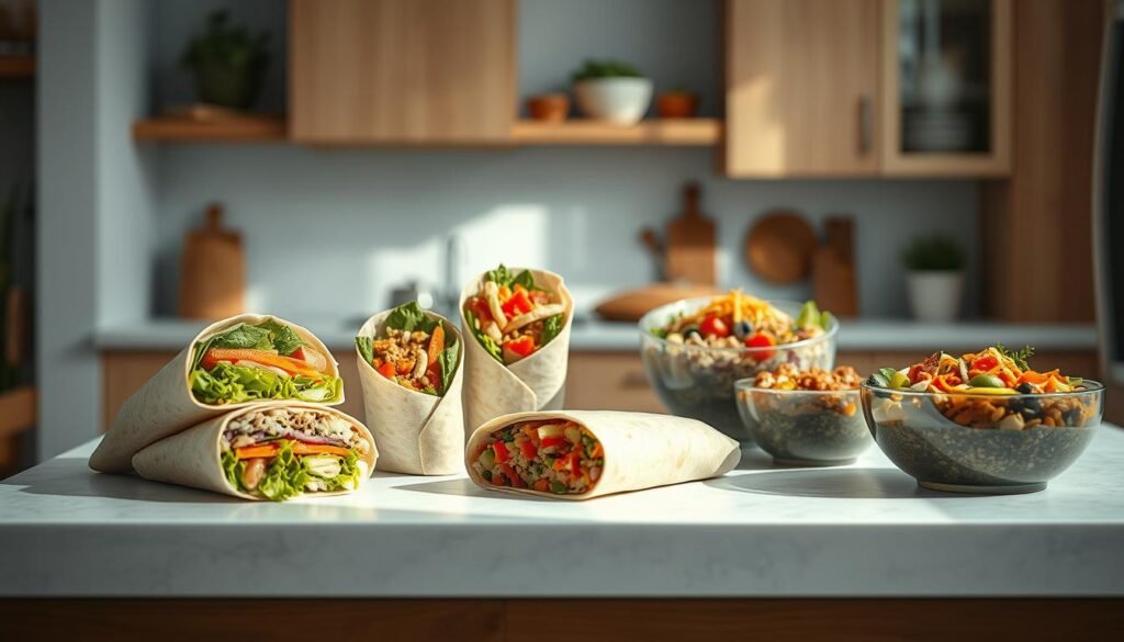 A bright, airy kitchen with natural wood tones and soft blue accents. On the counter, an assortment of innovative wraps and bowls arranged artfully. The wraps feature fresh, vibrant fillings like crisp veggies, protein-rich grains, and punchy sauces. The bowls showcase colorful, crunchy ingredients layered to create visually appealing textures and flavors. Soft, diffused lighting illuminates the scene, highlighting the fresh, appetizing qualities of the dishes. The composition is balanced, with the food as the clear focal point, inviting the viewer to imagine the satisfying, nourishing experience of enjoying these creative, portable meal options.