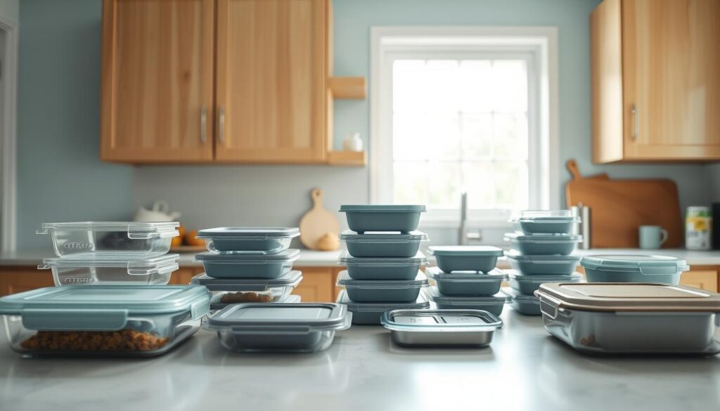 A bright, airy kitchen with natural wooden cabinets and light blue accents. On the counter, an assortment of modern, minimalist meal prep containers in various shapes and sizes - rectangular glass containers, round silicone lids, stainless steel bento boxes. The containers are neatly arranged, showcasing their efficient storage solutions for pre-portioned meals. Soft, diffused lighting illuminates the scene, highlighting the clean lines and muted tones. The overall atmosphere is one of organized calm, reflecting the 