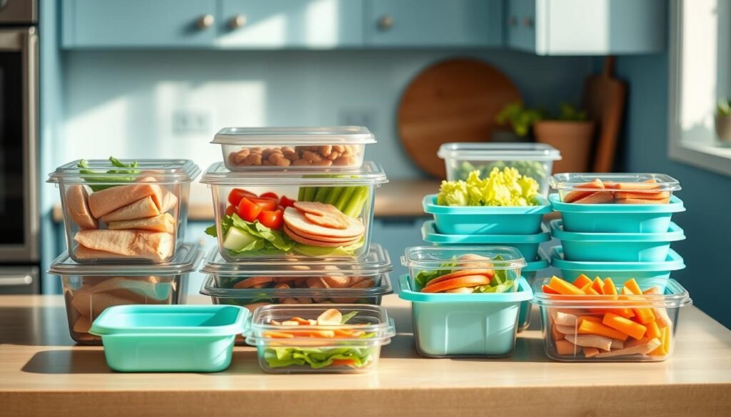 A bright, airy kitchen with soft blue accents and natural wood tones. On the counter, neatly arranged meal prep containers in various sizes, some clear and some in pastel shades. Next to them, reusable silicone food wraps in complementary hues. The containers are filled with deli meats, fresh vegetables, and other lunch ingredients, ready to be assembled into wholesome, flavorful meals. Warm, natural lighting casts a gentle glow, highlighting the textures and organization of the scene. The overall mood is one of simplicity, efficiency, and thoughtful preparation for delicious, hassle-free deli lunches.