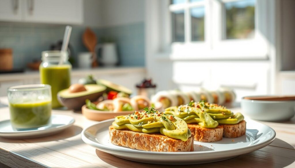 A bright, airy kitchen with soft wooden textures and light blue accents serves as the backdrop for a mouthwatering spread of avocado-based lunch dishes. In the foreground, a platter showcases a vibrant avocado toast, its creamy green hues complemented by a sprinkle of herbs and a drizzle of olive oil. Nearby, a glass jar filled with a refreshing avocado smoothie sits alongside a bowl of crisp, color-rich avocado salad. The middle ground features a plate of delicate avocado sushi rolls, their delicate green exteriors highlighting the delicious filling within. Throughout the scene, natural sunlight bathes the ingredients, casting a warm, inviting glow and emphasizing the fresh, wholesome nature of these cold, no-browning avocado lunch options.