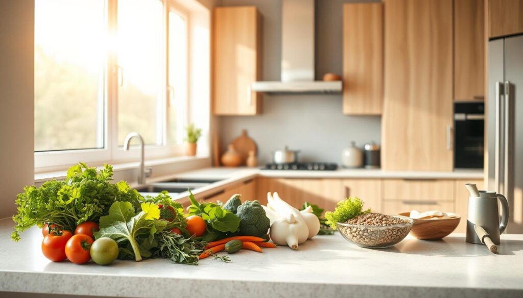 A bright, airy kitchen with warm natural light streaming through large windows, showcasing a minimalist, modern design with clean lines and sleek wooden cabinetry in a soft, mid-tone hue. On the counter, an assortment of fresh, wholesome ingredients - crisp greens, vibrant vegetables, and hearty grains - alongside a few culinary tools, hinting at the quick, nourishing office lunch recipes about to be crafted. The scene exudes a sense of efficiency and calm, perfect for the busy professional seeking a healthy midday meal.