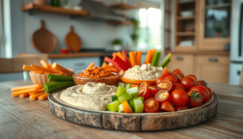 A bright, airy kitchen with warm wooden accents and light blue tones. On a rustic wooden table, an assortment of hummus varieties - classic, roasted red pepper, and garlic - artfully arranged with an array of freshly prepped vegetables: crunchy carrot sticks, crisp celery stalks, colorful bell pepper slices, and lush cherry tomatoes. The vegetables are neatly chopped and fanned out, creating a visually appealing and appetizing display. Soft, diffused lighting casts a gentle glow, highlighting the rich, creamy textures of the hummus and the vibrant colors of the vegetables. The overall scene exudes a sense of simplicity, freshness, and homemade goodness, perfectly capturing the essence of a perfect hummus plate.