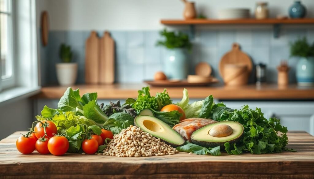 A bright, airy kitchen with warm wooden accents and soothing blue details. Atop a rustic wooden table, an assortment of fresh, vibrant ingredients: crisp greens, juicy tomatoes, creamy avocado, earthy grains, and lean protein. The lighting is soft and natural, casting a gentle glow over the scene. The composition is clean and uncluttered, allowing the wholesome, nourishing elements to take center stage. This tranquil setting evokes a sense of balance and mindfulness, perfectly capturing the essence of healthy, low-calorie meal prep.