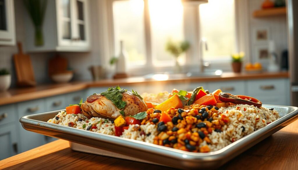 A bright, airy kitchen with warm wooden textures and light blue accents. On a sturdy sheet pan, an array of vibrant Latin American-inspired dishes: juicy roasted chicken with chimichurri, colorful roasted vegetables seasoned with cumin and paprika, and fragrant rice studded with black beans and cilantro. Soft natural lighting filters through large windows, casting a golden glow over the scene. The overall atmosphere is one of nourishing, homemade comfort, inviting the viewer to imagine the delicious aromas and flavors of this sizzling sheet pan feast.