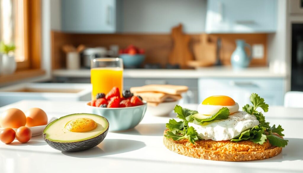 A bright, airy kitchen with wooden accents and light blue touches. On a clean, white countertop, an assortment of heart-healthy breakfast options - freshly sliced avocado, crisp whole-grain toast, a bowl of vibrant berries, a glass of refreshing orange juice, and a poached egg nestled atop leafy greens. Soft natural lighting bathes the scene, creating a warm, inviting atmosphere. The composition is balanced and visually appealing, showcasing the nutritious and delicious elements of a wholesome morning meal.