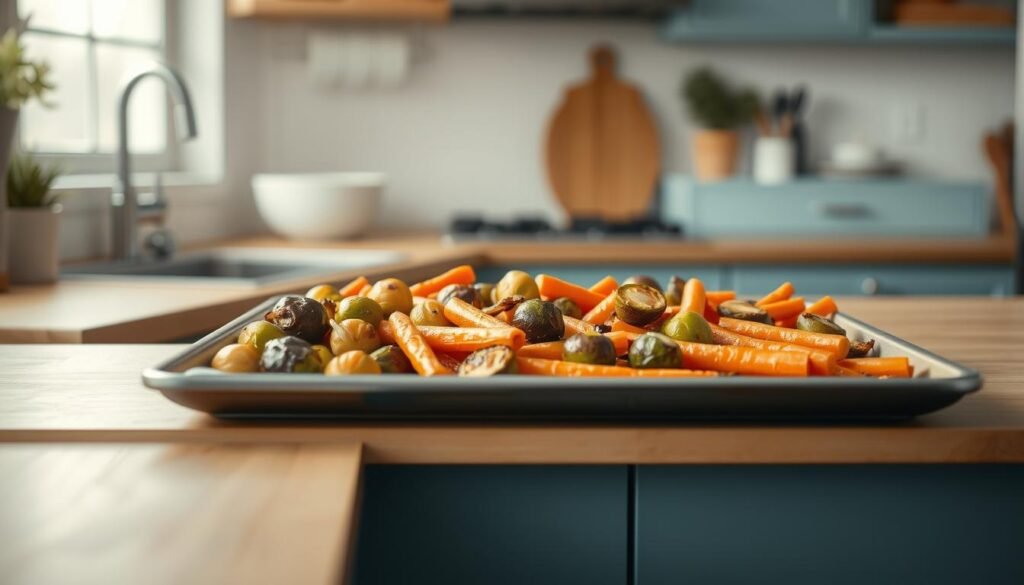 A bright, airy kitchen with wooden countertops and light blue accents. A single baking sheet sits at the center, showcasing a variety of roasted vegetables - tender carrots, crisp Brussels sprouts, and caramelized onions. The scene is bathed in soft, diffused lighting, creating a warm, inviting atmosphere. The composition focuses on the sheet pan, highlighting the techniques of even spacing, uniform size, and proper oil distribution for optimal roasting. The image conveys a sense of simplicity and efficiency, reflecting the 