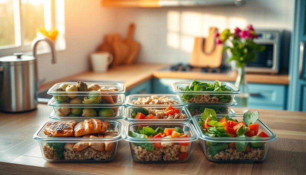 A bright, airy kitchen with wooden countertops and light blue accents. On the counter, an assortment of meal prep containers filled with colorful, nutrient-dense ingredients: grilled chicken breasts, roasted vegetables like broccoli, Brussels sprouts, and sweet potatoes, quinoa, and a vibrant green salad. The scene is bathed in warm, natural lighting, creating a cozy, inviting atmosphere. A stainless steel appliance and a simple vase of fresh flowers add subtle touches of refinement. The overall composition emphasizes the balance and wholesome appeal of these protein and veggie meal prep recipes.