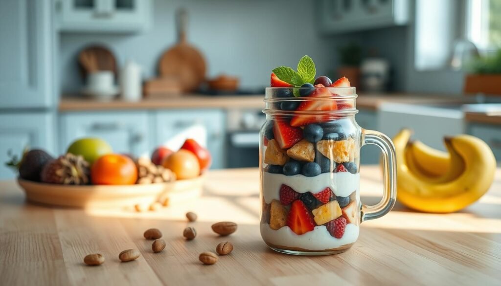 A bright, airy kitchen with wooden countertops and light blue accents. On the counter, an assortment of fresh fruits, nuts, and a mason jar filled with a layered low-sugar breakfast parfait, its vibrant colors and textures creating a visually appealing and nutritious meal. Soft, natural lighting illuminates the scene, highlighting the healthful ingredients and the benefits of starting the day with a low-sugar breakfast. The overall atmosphere is one of simplicity, wellness, and a mindful approach to nourishing the body.