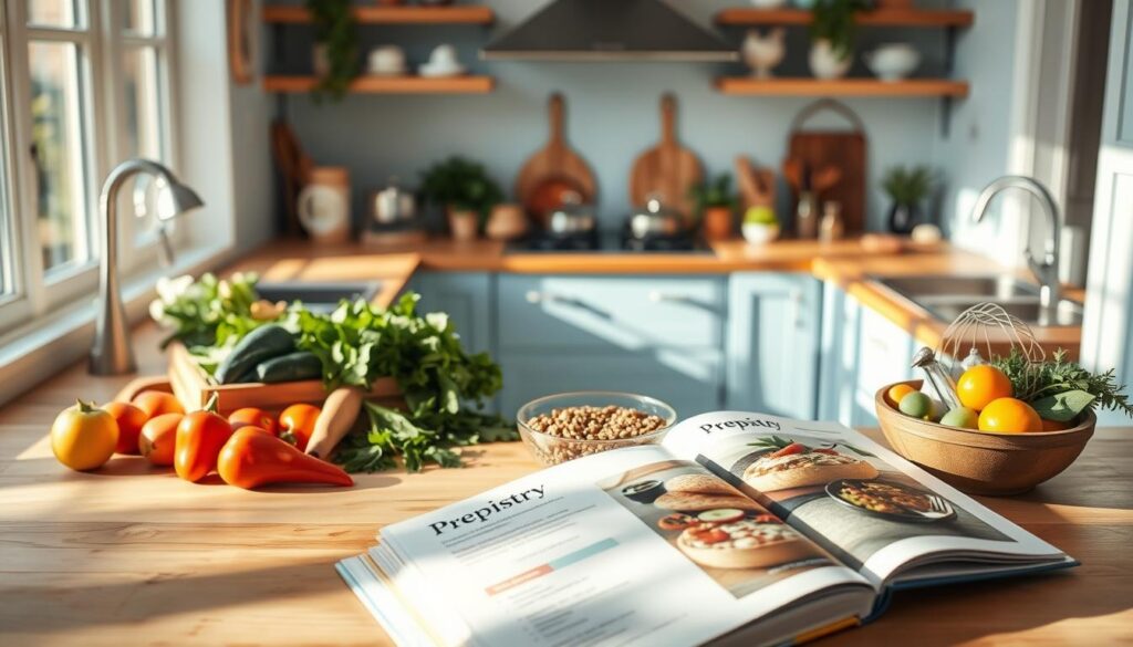 A bright, airy kitchen with wooden countertops and light blue accents. On the counter, various fresh ingredients for quick gluten-free recipes - vibrant vegetables, hearty grains, and flavorful herbs. In the foreground, a recipe book open to tempting dishes, the Prepistry logo visible on the cover. Natural sunlight streams in, casting a warm glow over the scene. The atmosphere is relaxed and inviting, perfect for whipping up easy, nutritious meals on a busy day.