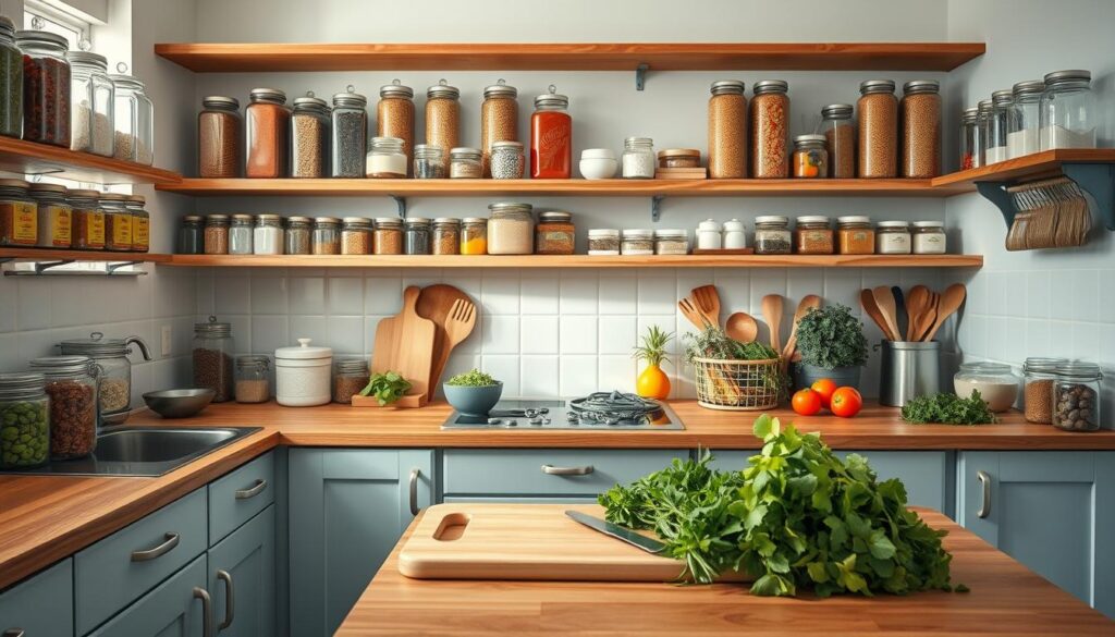 A bright, airy kitchen with wooden countertops and light blue accents. Rows of glass jars, pristine containers, and neatly organized spices line the shelves. A chopping board sits on the counter, surrounded by fresh produce - vibrant greens, colorful vegetables, and herbs. The lighting is soft and natural, casting a warm glow across the scene. Utensils and tools are within easy reach, creating a sense of efficiency and control. The overall atmosphere conveys a feeling of calm, order, and a stress-free approach to meal preparation. No hands are visible, emphasizing the organized nature of the space.