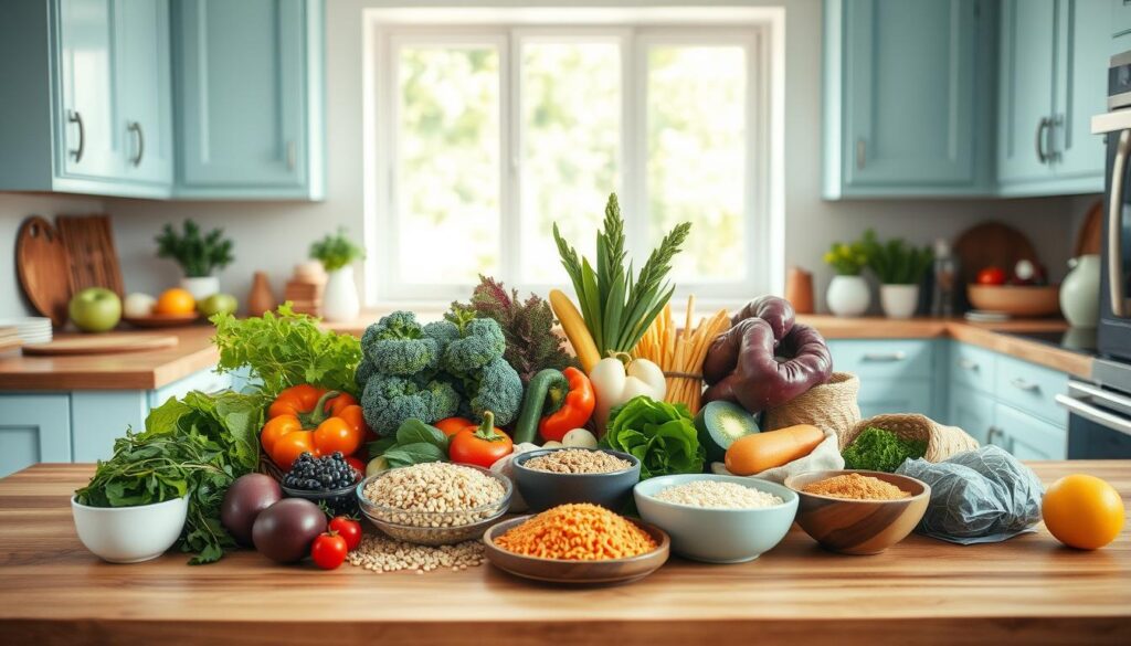 A bright, airy kitchen with wooden countertops, light blue cabinets, and minimal decor. On the counter, an assortment of fresh vegetables, grains, and plant-based protein sources, neatly arranged to showcase a variety of dietary meal prep adaptations. Soft, natural lighting bathes the scene, highlighting the vibrant colors and textures of the ingredients. The composition is balanced and inviting, capturing the essence of healthy, customizable meal planning for a range of dietary needs, including gluten-free, vegan, and paleo options.