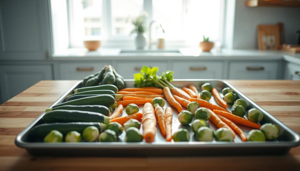 A bright and airy kitchen, bathed in soft natural light from a nearby window. On a large sheet pan, a selection of vegetables - zucchini, carrots, and Brussels sprouts - are arranged in a careful, evenly spaced pattern, leaving ample room between each item. The pan's edges are visible, creating a sense of balance and organization. The vegetables have a vibrant, freshly-washed appearance, with subtle shadows highlighting their shapes. The kitchen's minimalist design, featuring light blue cabinetry and warm wooden accents, provides a serene backdrop, allowing the well-proportioned sheet pan to take center stage as the subject of attention.