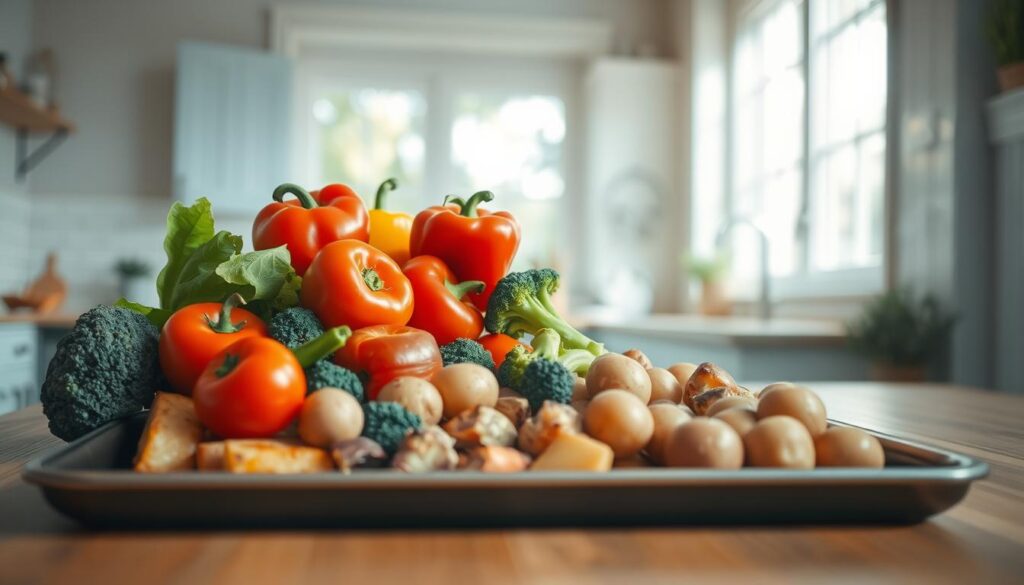 A bright and airy kitchen filled with natural light, its wooden textures and light blue accents exuding a cozy, minimal ambiance. On a large sheet pan, an assortment of fresh vegetables - juicy tomatoes, vibrant bell peppers, tender broccoli florets, and earthy potatoes - await their transformation into a delectable sheet pan dinner. The components are arranged in a visually appealing manner, hinting at the harmonious flavors and textures that will come together to create a nourishing, hassle-free meal. The scene evokes a sense of simplicity and culinary potential, inviting the viewer to imagine the satisfying and wholesome dish that will emerge from this well-curated array of ingredients.