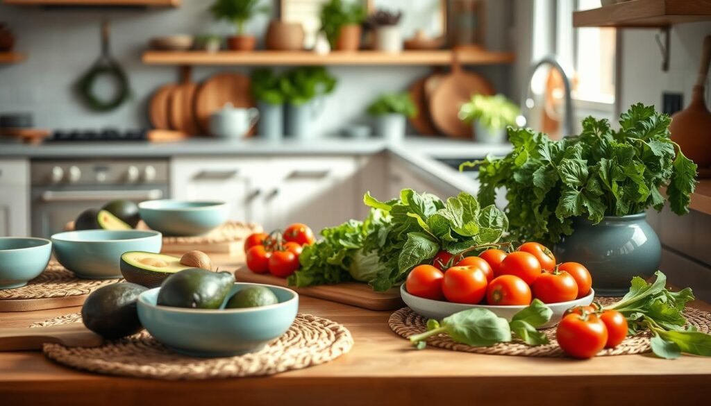A bright and airy kitchen filled with the fresh ingredients of a Malibu Farm-inspired seasonal lunch prep. Wooden cutting boards, woven placemats, and light blue ceramic bowls create a rustic yet modern aesthetic. Ripe avocados, leafy greens, and vibrant tomatoes are neatly arranged, their colors and textures inviting the viewer to imagine crafting a nutritious, high-protein meal. Soft, natural lighting casts a warm glow, capturing the scene's simplicity and healthfulness. A sense of culinary expertise and seasonal awareness permeates the image, reflecting the insights of culinary trendsetters.