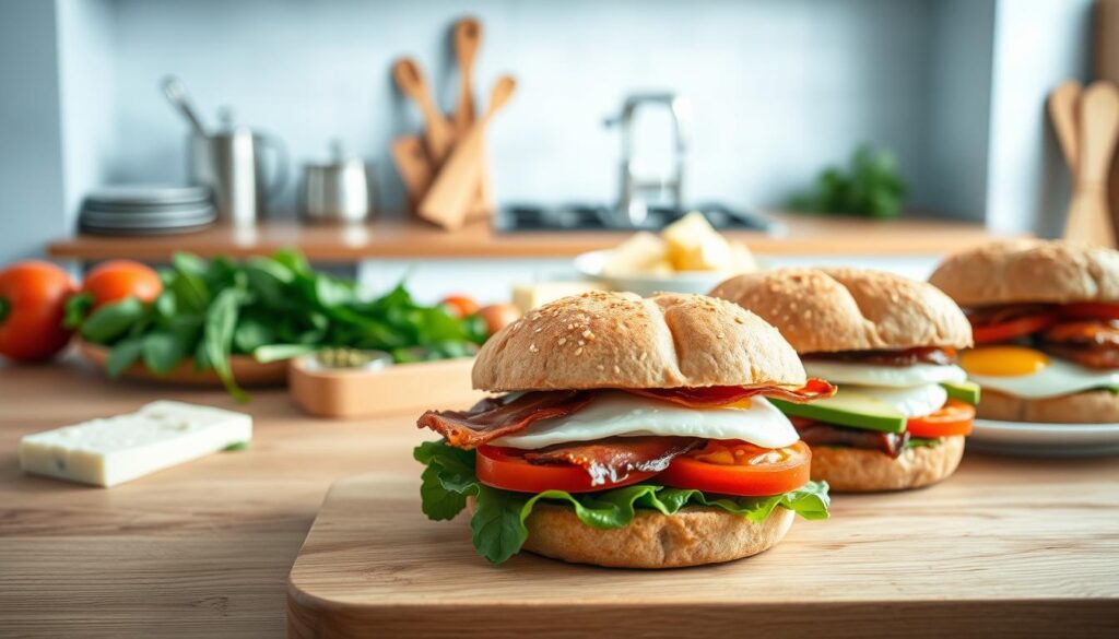 A bright and airy kitchen with a wooden countertop and light blue accents. Freshly prepared breakfast sandwiches in the foreground, showcasing a variety of healthy ingredients like whole grain buns, fried eggs, crispy bacon, avocado slices, and roasted tomatoes. The middle ground features an assortment of toppings and condiments, including spinach, pesto, and a selection of cheeses. In the background, a few kitchen utensils and a clean, minimal aesthetic create a calm and inviting atmosphere. Soft, natural lighting illuminates the scene, highlighting the textures and colors of the ingredients. The overall composition conveys a sense of simplicity, customization, and a nourishing start to the day.