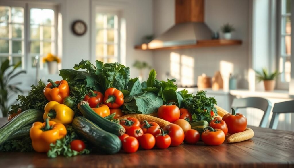 A bright and airy kitchen with natural light filtering through large windows, showcasing an abundance of fresh, colorful vegetables arranged artfully on a wooden table. A variety of vibrant bell peppers, zucchini, tomatoes, and leafy greens create a visually appealing and nutrient-rich breakfast spread. Soft shadows and warm hues from the morning sun add depth and dimension, while the minimalist decor and light blue accents convey a sense of calm and simplicity. The scene evokes a feeling of nourishment and a celebration of nature's bounty, perfectly encapsulating the "veggie-forward" spirit of this breakfast display.