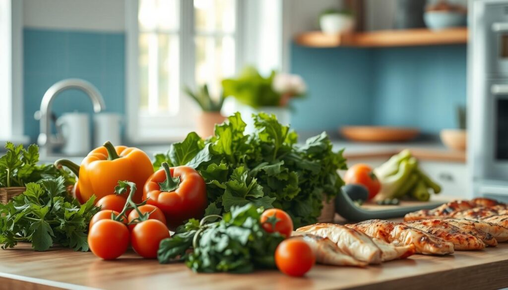 A bright and airy kitchen with soft blue accents and warm wooden textures. On the counter, an array of fresh vegetables - crisp leafy greens, vibrant bell peppers, and plump tomatoes. Alongside, a selection of lean protein sources, such as grilled chicken breasts and baked salmon fillets, arranged in a visually appealing manner. The lighting is soft and natural, creating a cozy and inviting atmosphere. The scene evokes a sense of nourishment and healthy living, perfectly capturing the essence of 