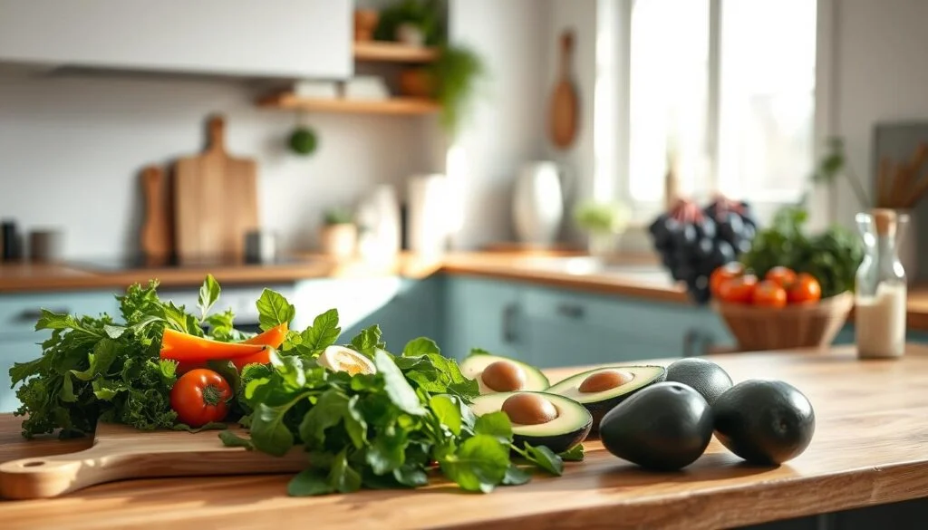 A bright and airy minimalist kitchen with wooden countertops and light blue accents. On the counter, an assortment of fresh seasonal ingredients - crisp greens, colorful vegetables, and creamy avocados. Beside them, a cutting board and simple kitchen tools, hinting at the effortless meal prep to come. Natural sunlight filters in, casting a warm glow over the scene. The overall mood is one of simplicity, efficiency, and a focus on seasonal flavors - the perfect setting for crafting quick, nourishing cold lunch recipes.
