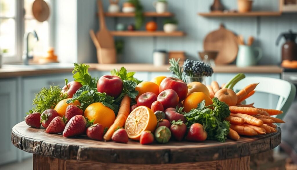 A bright and cheerful breakfast scene featuring a rustic wooden table adorned with a lush assortment of fresh fruits and veggies. Vibrant strawberries, crisp apples, juicy oranges, and crunchy carrots are artfully arranged, creating a visually appealing and nutritious display. Soft, diffused lighting illuminates the scene, highlighting the natural textures and colors. The background showcases a minimal, cozy kitchen environment with light blue accents and wooden elements, setting a warm and inviting tone. The overall composition exudes a sense of wholesome, kid-friendly delight, perfectly capturing the essence of &quot;Fresh Fruits and Veggies in the Morning.&quot;