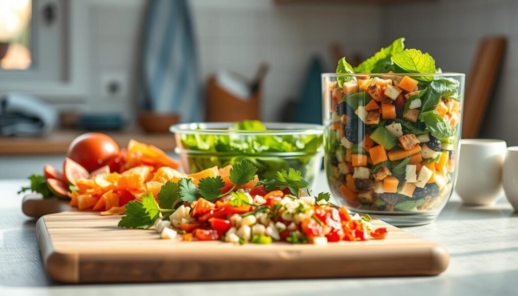 A bright, inviting kitchen scene featuring an assortment of colorful, freshly prepared make-ahead salad recipes. In the foreground, various salad ingredients are neatly arranged on a wooden cutting board, including leafy greens, diced vegetables, protein-rich items, and garnishes. The middle ground showcases a sleek glass container filled with a layered salad, ready to be refrigerated for easy lunches throughout the week. Soft, natural lighting filters in through a window, casting a warm glow on the scene. Subtle blue accents, such as a kitchen towel or small decorative items, complement the minimalist, cozy atmosphere.