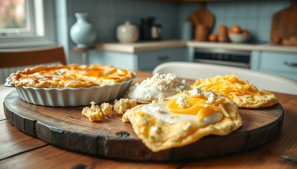 A bright, minimal kitchen with light blue accents and warm wooden textures. On a rustic wooden table, a delectable arrangement of budget-friendly cheese and egg dishes - a fluffy quiche with a golden crust, a creamy scrambled egg with crumbled feta, and a simple omelette filled with shredded cheddar. Soft natural lighting illuminates the scene, highlighting the inviting textures and colors. The overall atmosphere is one of homely comfort and culinary simplicity.