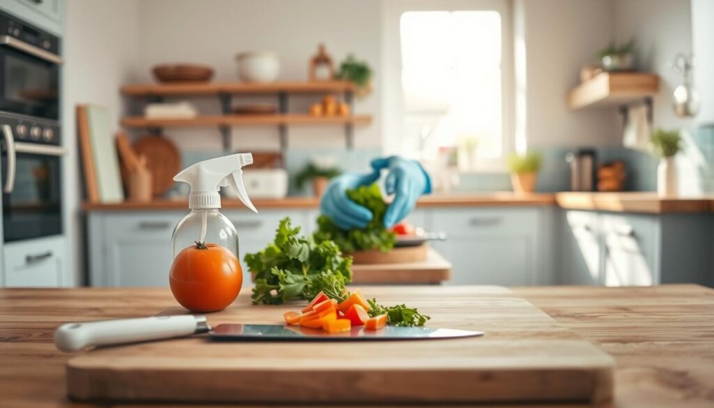 A bright, minimalist kitchen with wooden countertops and light blue accents. In the foreground, a cutting board with freshly chopped vegetables, a sanitized knife, and a bottle of antibacterial spray. In the middle ground, a pair of gloved hands carefully handling ingredients, demonstrating proper cross-contamination prevention techniques. The background features clean, organized shelves and a window letting in soft, natural lighting, creating a serene, hygienic atmosphere conducive to safe meal preparation.