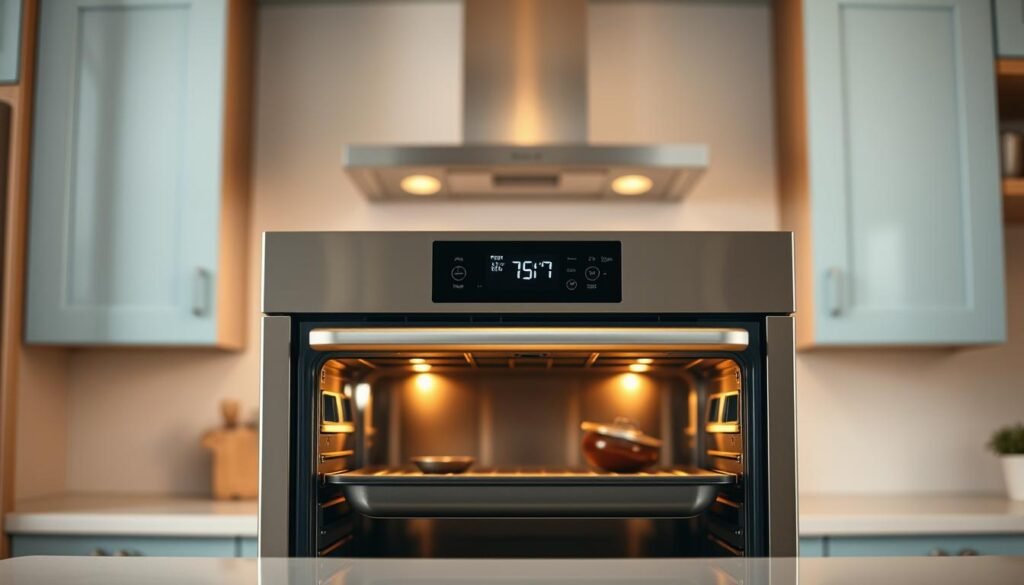 A bright, modern kitchen interior with a sleek, stainless steel oven in the foreground, its digital display indicating it is preheating to the perfect temperature for sheet pan cooking. Warm, diffused lighting from overhead casts a soft glow, highlighting the oven's polished exterior and the surrounding light blue cabinetry with natural wood accents. The kitchen counter is clear, ready to receive the prepared ingredients for a healthy, high-protein sheet pan meal. The overall atmosphere is calm, organized, and inviting, setting the stage for effortless culinary preparation.