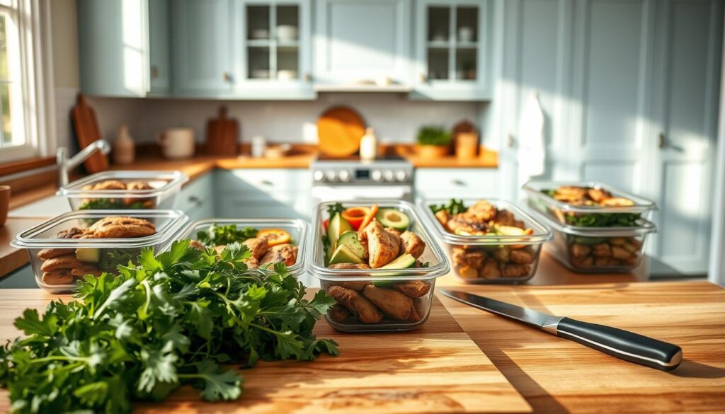 A bright, modern kitchen with light blue cabinets and wooden countertops. On the counters, an assortment of Keto-friendly meal prep containers filled with grilled chicken, roasted vegetables, and healthy fats like avocado. In the foreground, a cutting board with leafy greens, fresh herbs, and a chef's knife, hinting at the process of meal preparation. Soft, natural lighting filters in through a window, casting a warm glow over the scene. The overall atmosphere is one of simplicity, organization, and a healthy, balanced approach to weekday meals.