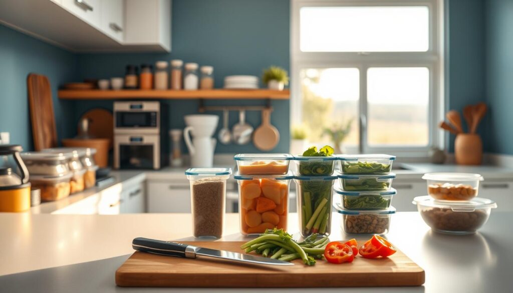 A bright, modern kitchen with minimalist decor showcases a neatly organized array of meal-prepped containers, spices, and cooking utensils. The soft lighting casts a warm glow, highlighting the clean, efficient workflow. In the foreground, a cutting board with sliced vegetables and a chopping knife suggests a seamless transition from preparation to storage. The middle ground features a collection of stainless steel appliances and a muted blue accent wall, complementing the overall tidy aesthetic. In the background, a window offers a glimpse of a tranquil outdoor scene, creating a sense of balance and serenity. This image conveys a streamlined, stress-free approach to batch cooking and meal prepping.