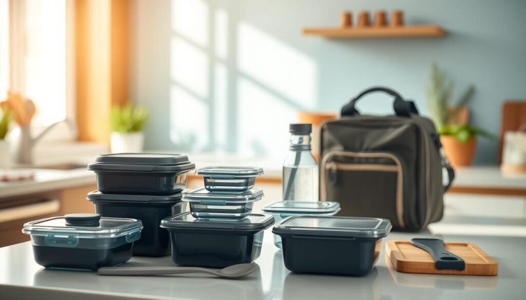 A bright, modern kitchen with warm wooden accents and light blue hues serves as the backdrop for an elegant display of meal prep essentials. In the foreground, a neatly arranged set of high-quality containers, lids, and utensils sit atop a sleek, minimalist countertop. The containers feature a variety of sizes and shapes, ideal for portioning out a balanced, nutritious meal. A well-designed insulated lunch bag, a sturdy water bottle, and a small cutting board complete the scene, suggesting a seamless and spill-free work commute. The lighting is soft and natural, casting a gentle glow over the carefully curated tools, creating an inviting and organized atmosphere.
