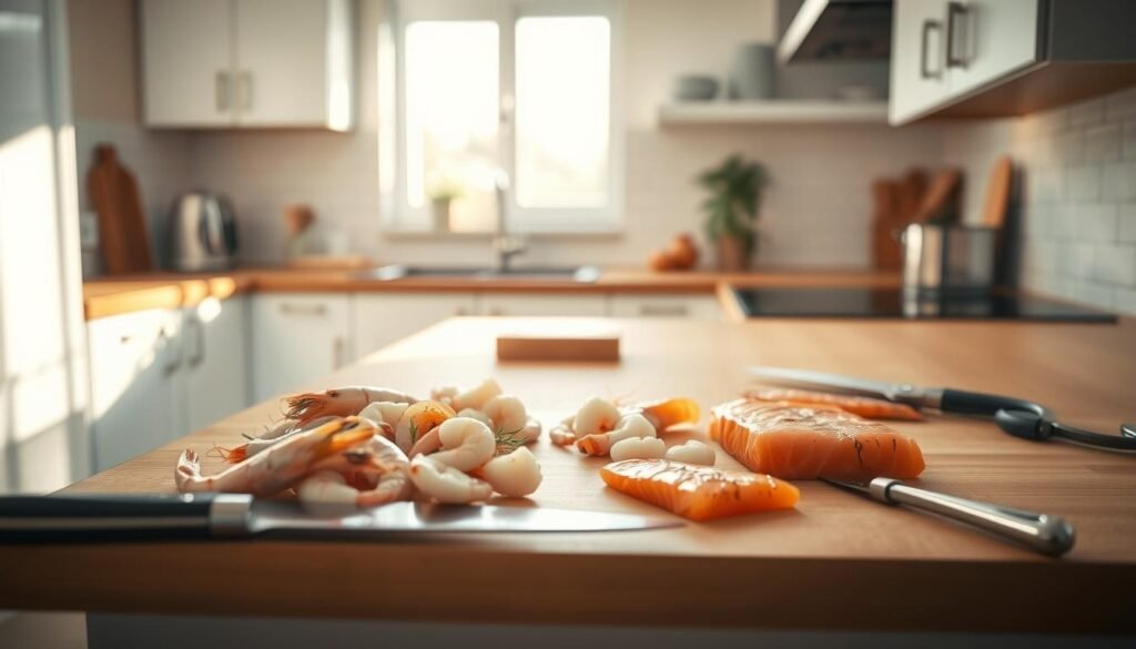 A bright, modern kitchen with warm wooden countertops and minimal white cabinets. On the counter, fresh seafood such as shrimp, scallops, and salmon fillets arranged neatly. Nearby, a cutting board, a sharp knife, and a pair of kitchen shears. The lighting is soft and natural, casting a gentle glow on the scene. The atmosphere is calm and focused, conveying a sense of care and attention to detail in the seafood preparation process.