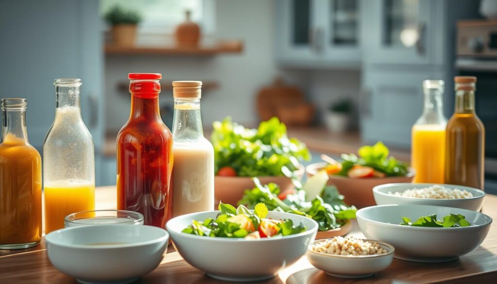 A bright, natural light streams through the kitchen windows, illuminating a pristine arrangement of fresh dressings and sauces. In the foreground, a variety of glass bottles and ceramic bowls hold vibrant vinaigrettes, creamy dips, and zesty marinades, their contents glistening with droplets of moisture. The middle ground features an array of crisp, leafy greens, sliced vegetables, and hearty grains, waiting to be dressed and assembled into a nourishing cold lunch. In the background, the wooden countertops and minimal, light blue cabinetry create a warm, inviting atmosphere, hinting at the delicious and balanced meals to come.