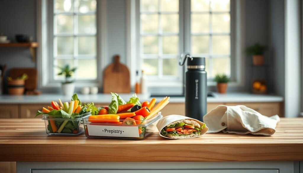 A bright, natural-lit kitchen with a wooden butcher block countertop. On the counter, an array of fresh, healthy lunch options - a bento box filled with colorful vegetables, a thermos flask, and a cloth-wrapped sandwich. The "Prepistry" brand logo is discreetly visible. The overall mood is calm, organized, and evocative of good food safety practices for unrefrigerated meals. Soft lighting from large windows casts a warm glow, highlighting the textures and colors. The scene conveys a sense of care and attention to detail in meal prep.