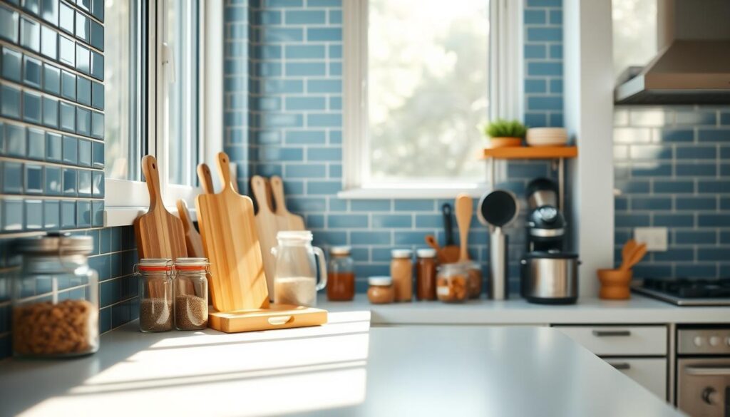 A bright, organized kitchen counter with wooden cutting boards, glass storage containers, and neatly arranged spice jars. The blue-tiled backsplash creates a soothing backdrop, while the natural light filters in through large windows, casting a warm glow. Stainless steel appliances stand ready, complementing the clean, minimalist aesthetic. Carefully curated cooking utensils and small appliances are within easy reach, enabling efficient meal preparation. The overall scene exudes a sense of simplicity and functionality, inspiring culinary creativity.
