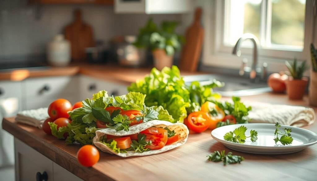 A bright, refreshing wrap recipe scene in a cozy, minimal kitchen. On a wooden counter, an assortment of fresh ingredients - crisp lettuce, juicy tomatoes, vibrant peppers, and fragrant herbs. A few tortilla wraps and a clean white plate wait to be assembled. Soft, even lighting flows in from a window, casting warm shadows and highlighting the textures. The scene exudes a calming, appetizing atmosphere, perfect for inspiring wholesome, satisfying lunch creations.